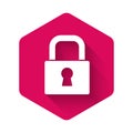 White Lock icon isolated with long shadow. Padlock sign. Security, safety, protection, privacy concept. Pink hexagon