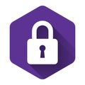 White Lock icon isolated with long shadow. Padlock sign. Security, safety, protection, privacy concept. Purple hexagon