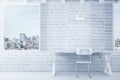 White loft interior with table, chair, brick wall and windows Royalty Free Stock Photo