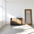 White loft interior with vintage commode and floor mirror frame