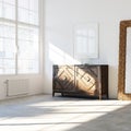 White loft interior with vintage commode and floor mirror frame