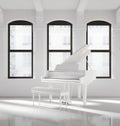 White loft interior with a white piano