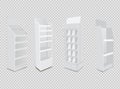 White Long Blank Empty Showcase Displays With Retail Shelves. 3D Products On White Background Isolated. Ready For Your Design Avy