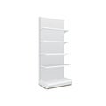 White Long Blank Empty Showcase Displays With Retail Shelves. 3D Products On White Background Isolated. Ready For Your Design