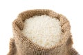 White long rice in small burlap sack on white backgroun