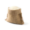 White long rice in small burlap sack on white backgroun