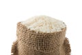 White long rice in small burlap sack on white backgroun