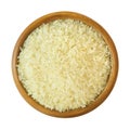 White long rice in a wooden bowl isolated on white background, top view Royalty Free Stock Photo