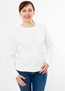 White long sleeve t-shirt on smile middle aged woman in jeans , front , mockup