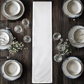 white long table runner mockup on a dark wooden table, porcelain plates around,