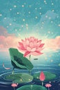 white lotos flower in pond, symbol of wesak day. 3d illustration