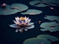 White lotus blossoms on dark pond, have yellow pollen in center, waterlily with reflection in pond Royalty Free Stock Photo