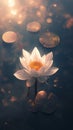 White lotus flower blooms above dark water, surrounded by glistening lily pads under a warm, hazy light Royalty Free Stock Photo