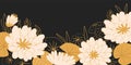 White lotus flowers on black background. Cute golden water lily horizontal banner. Japanese vector illustration. Royalty Free Stock Photo
