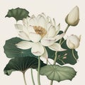White Lotus Flowers Isolated, Water Lily, Tropical Lake Plant Drawing Imitation, Abstract Generative AI Illustration Royalty Free Stock Photo