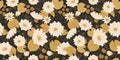 White lotus flowers seamless pattern. Cute golden water lily on black background. Floral japanese vector print Royalty Free Stock Photo