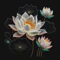 White Lotus flowers. Tapestry textured beautiful lotus flowers pattern background illustration. Decorative colorful embroidery