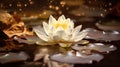 A white lotus in a golden magic pond. Generative Ai