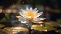 A white lotus in a golden magic pond. Generative Ai Royalty Free Stock Photo