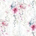 White lotus and pink rose flowers and pale green branches, leaves. Watercolor floral seamless pattern. White background Royalty Free Stock Photo