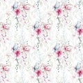 White lotus and pink rose flowers and pale green branches, leaves. Watercolor floral seamless pattern. White background Royalty Free Stock Photo