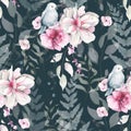 White lotus and pink rose flowers and pale green branches. Watercolor floral seamless pattern. Dark gray background Royalty Free Stock Photo