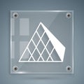 White Louvre glass pyramid icon isolated on grey background. Louvre museum. Square glass panels. Vector