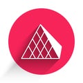 White Louvre glass pyramid icon isolated with long shadow background. Louvre museum. Red circle button. Vector