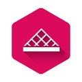 White Louvre glass pyramid icon isolated with long shadow. Louvre museum. Pink hexagon button. Vector