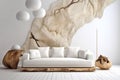 White loveseat sofa and rustic wooden sculptures near wall with decorative stone shape. Interior design of modern living room.
