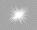 White luminous transparent light. Vector Christmas star, a bright flash of light. Glitter isolated transparent background.