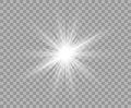 White luminous transparent light. Vector Christmas star, a bright flash of light. Glitter isolated transparent background.