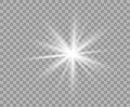 White luminous transparent light. Vector Christmas star, a bright flash of light. Glitter isolated transparent background.