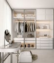 White luxury walk in closet interior with light frome the window.3d rendering