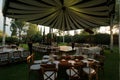 White luxury wedding tent, decorated awning at elegant wedding reception