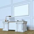 White luxury wooden office cabinet with mock up canvas. Perspective view version. 3d render Royalty Free Stock Photo