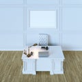 White luxury wooden office cabinet with mock up canvas. Top view