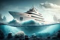White luxury yacht sailing by blue sea. view from water. Underwater view. Generative AI Royalty Free Stock Photo