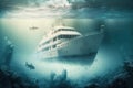 White luxury yacht sailing by blue sea. view from water. Underwater view. Generative AI Royalty Free Stock Photo