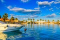 White luxury yachts in a sea harbor of Hurghada, Egypt. Marina with tourist boats on Red Sea