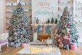 White living room with big windows and Christmas New year decor,light garland and Christmas tree