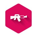 White M16A1 rifle icon isolated with long shadow background. US Army M16 rifle. Pink hexagon button. Vector Royalty Free Stock Photo