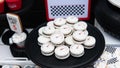 White macaroons on tray close-up. .children`s holiday decoration, sweet table at the children`s birthday