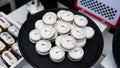 White macaroons on tray close-up. .children`s holiday decoration, sweet table at the children`s birthday