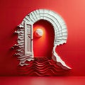 White magic opened door to the sea beach on red background. Fantasy doorway, entrance to your dream. Fairy tale, uknown
