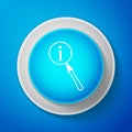 White Magnifying glass and information icon isolated on blue background. Search with information sign. Circle blue Royalty Free Stock Photo