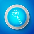 White Magnifying glass with world map icon isolated on blue background. Analyzing the world. Global search sign. Circle Royalty Free Stock Photo