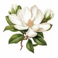 Realistic White Magnolia Flower Illustration With Green Leaves