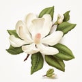 Realistic Magnolia Flower With Leaves On White Background