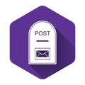 White Mail box icon. Post box icon isolated with long shadow. Purple hexagon button Royalty Free Stock Photo